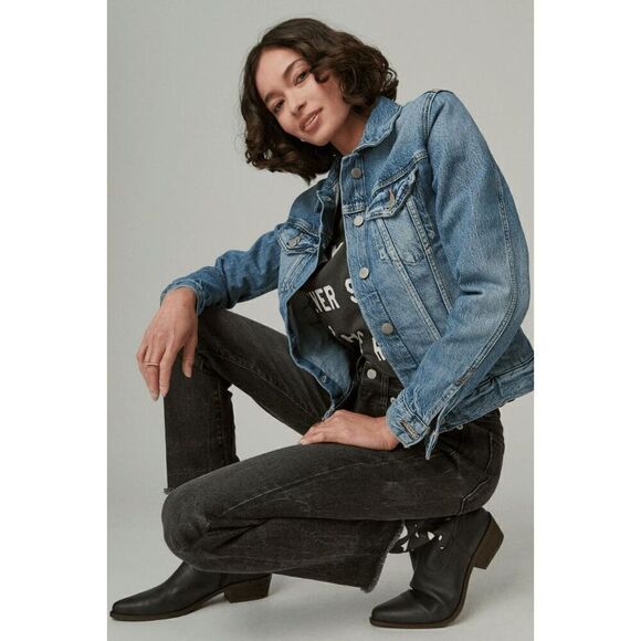 Lucky Brand Tomboy Trucker jean denim jacket Sz M distressed - Picture 2 of 13